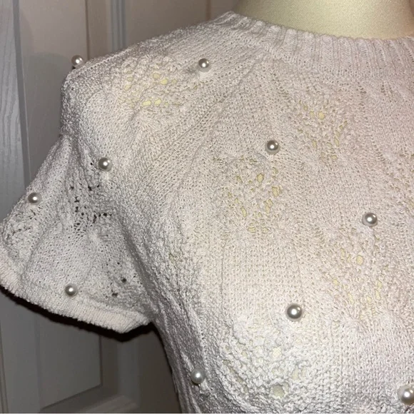 Zara Open Back Pearl Embellished Knit Crop Short Sleeve Top - Picture 3 of 11